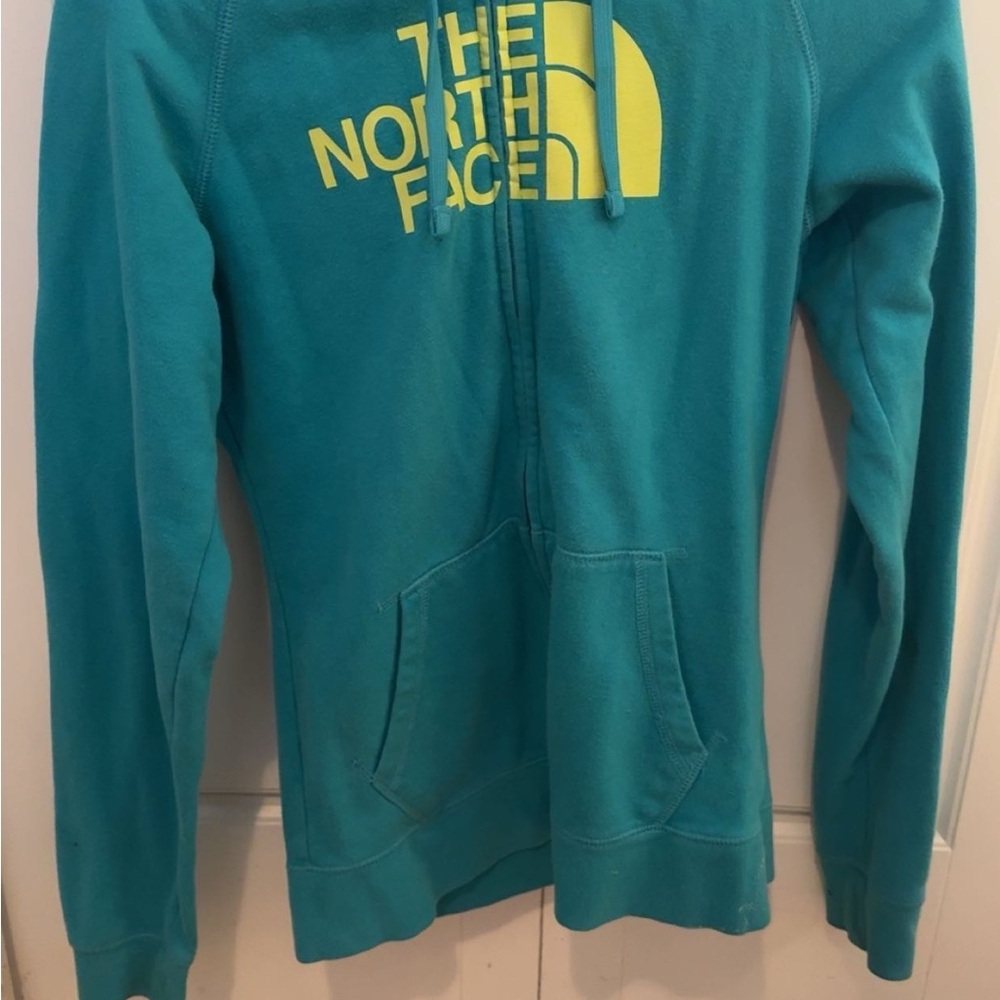 The North Face Teal Hoodie with Yellow Logo